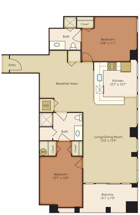 Floor plan for 2 beds, 2 baths, 1068 sqft